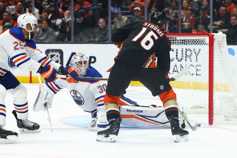 Feb 9, 2024; Anaheim, California, USA; Anaheim Ducks center Ryan Strome (16) scores a goal against Edmonton Oilers goaltender Calvin Pickard (30) during the second period of a game at Honda Center. Mandatory Credit: Jessica Alcheh-USA TODAY Sports