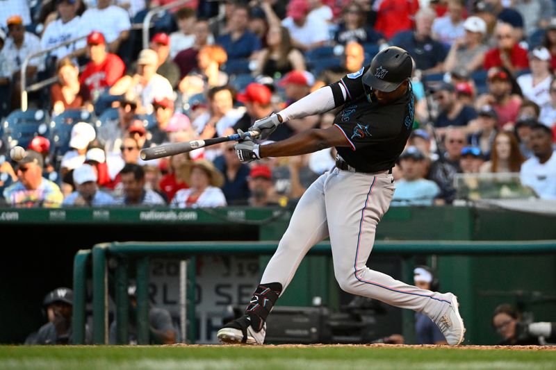 Sep 2, 2023; Washington, District of Columbia, USA; Miami Marlins right fielder Jesus Sanchez (7) singles against the Washington Nationals during the seventh inning at Nationals Park. Mandatory Credit: Brad Mills-USA TODAY Sports