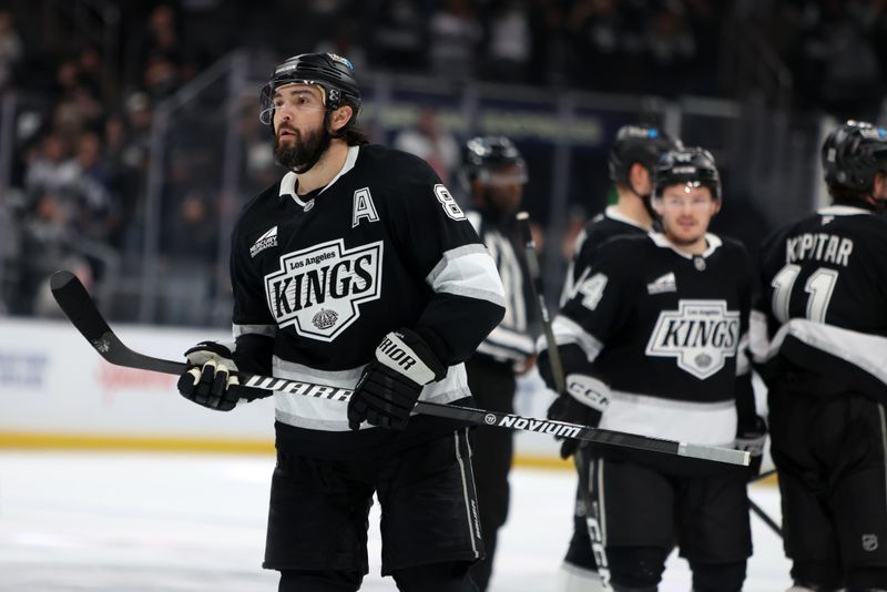 Nov 4, 2025; Los Angeles, California, USA;  Los Angeles Kings defenseman Drew Doughty (8) looks on after scoring an empty net goal during the third period against the Winnipeg Jets at Crypto.com Arena. Mandatory Credit: Kiyoshi Mio-Imagn Images