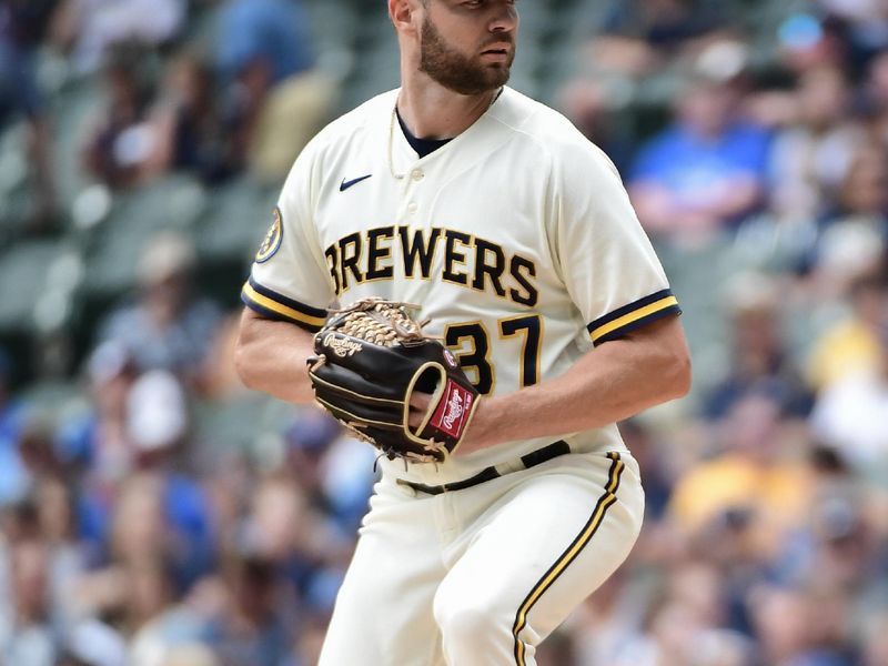 Aug 9, 2023; Milwaukee, Wisconsin, USA; Milwaukee Brewers pitcher Adrian Houser (37) pitches against the Colorado Rockies in the first inning at American Family Field. Mandatory Credit: Benny Sieu-USA TODAY Sports