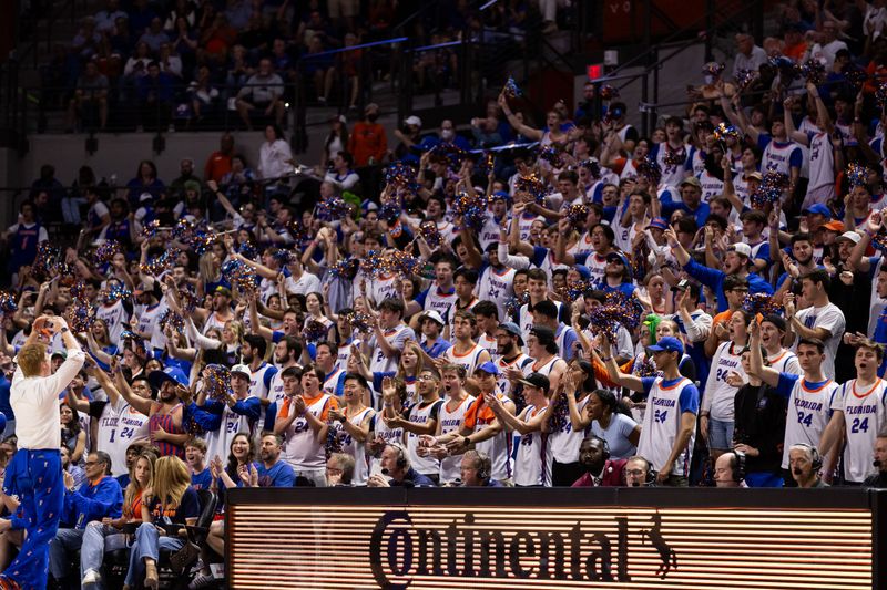 Feb 10, 2024; Gainesville, Florida, USA; Florida Gators students cheer after a three-point basket against the Auburn Tigers during the first half at Exactech Arena at the Stephen C. O'Connell Center. Mandatory Credit: Matt Pendleton-USA TODAY Sports