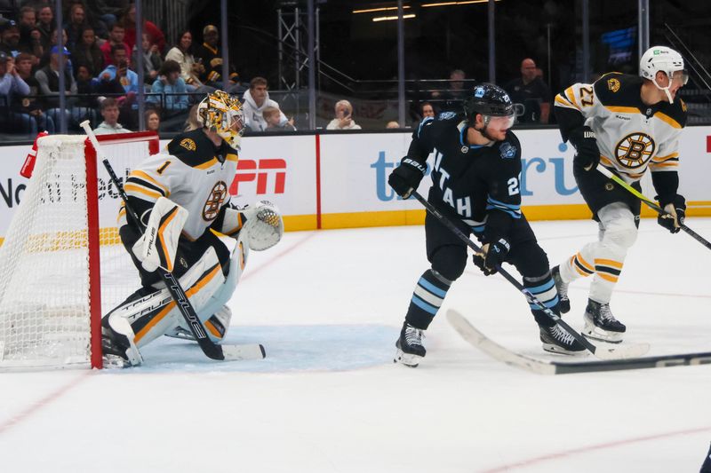 Oct 19, 2024; Salt Lake City, Utah, USA; Utah hockey Club’s Michael Kessering scores overtime goal at Delta Center. Mandatory Credit: Harry Caston-Imagn Images