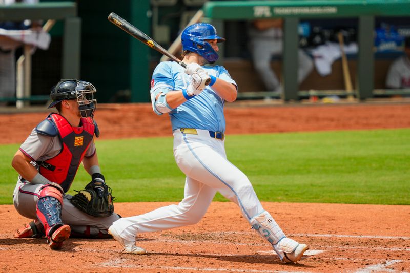 Jul 30, 2025; Kansas City, Missouri, USA; Kansas City Royals first baseman Vinnie Pasquantino (9) bats during the fourth inning against the Atlanta Braves at Kauffman Stadium. Mandatory Credit: Jay Biggerstaff-Imagn Images Jul 30, 2025; Kansas City, Missouri, USA; Kansas City Royals first baseman Vinnie Pasquantino (9) bats during the fourth inning against the Atlanta Braves at Kauffman Stadium. Mandatory Credit: Jay Biggerstaff-Imagn Images