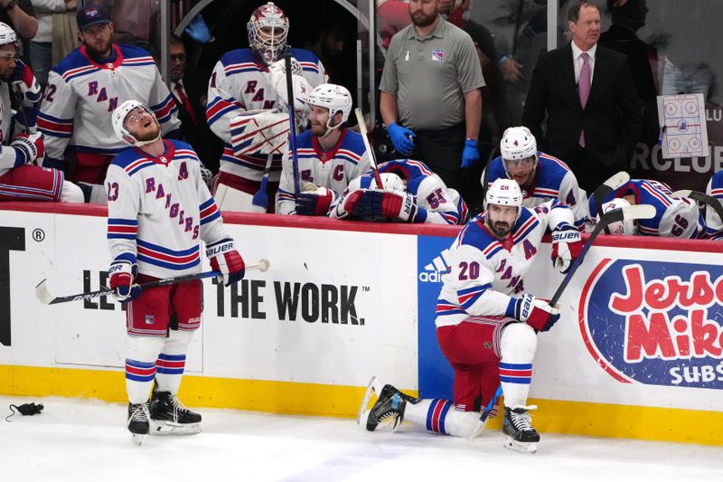 Jun 1, 2024; Sunrise, Florida, USA; New York Rangers look on following their loss against the Florida Panthers in a close-out game six of the Eastern Conference Final of the 2024 Stanley Cup Playoffs at Amerant Bank Arena. Mandatory Credit: Jim Rassol-USA TODAY Sports