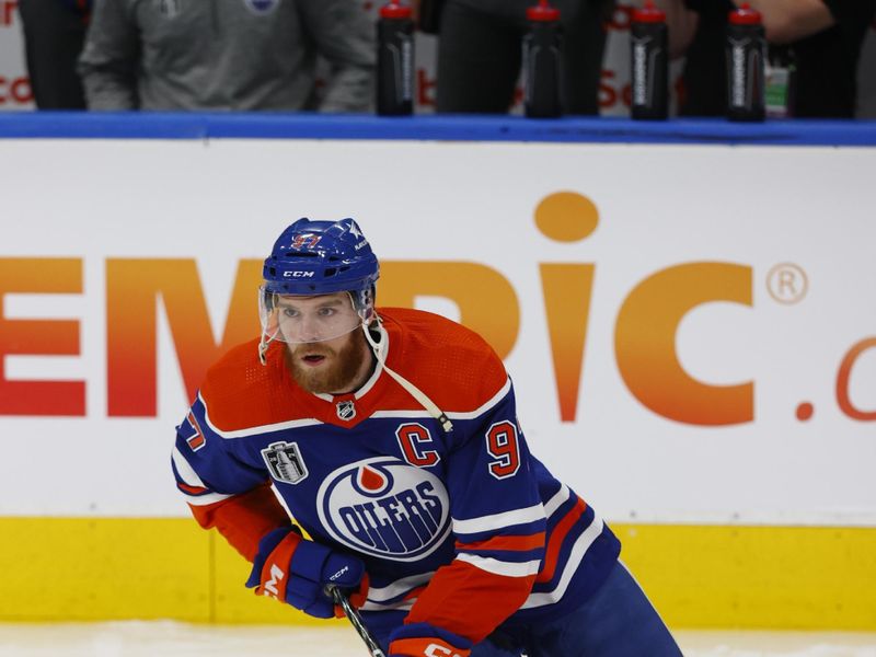 Jun 13, 2024; Edmonton, Alberta, CAN; Edmonton Oilers center Connor McDavid (97) warms up before the game against the Florida Panthers in game three of the 2024 Stanley Cup Final at Rogers Place. Mandatory Credit: Perry Nelson-USA TODAY Sports