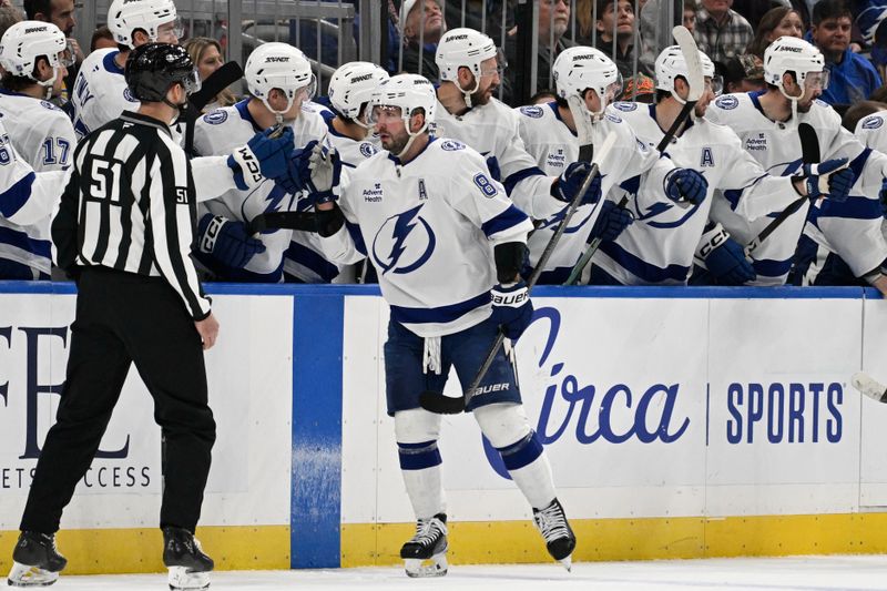 Jan 16, 2026; St. Louis, Missouri, USA; Tampa Bay Lightning right wing Nikita Kucherov (86) is congratulated by teammates after scoring against the St. Louis Blues during the second period at Enterprise Center. Mandatory Credit: Jeff Le-Imagn Images