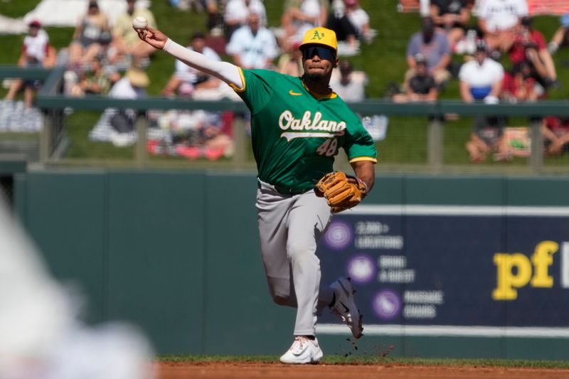 Mar 11, 2024; Salt River Pima-Maricopa, Arizona, USA; Oakland Athletics shortstop Darrell Haernaiz (48) makes a throw to first base against the Arizona Diamondbacks in the first inning at Salt River Fields at Talking Stick. Mandatory Credit: Rick Scuteri-USA TODAY Sports