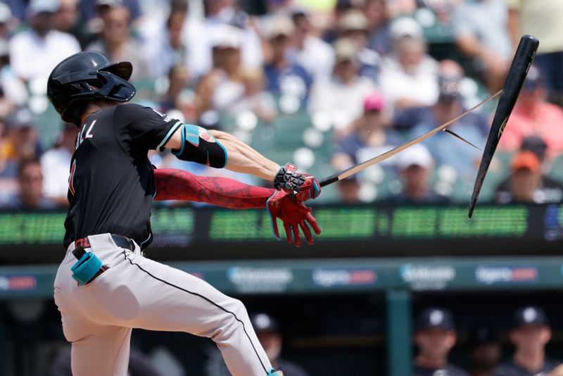 Jul 30, 2025; Detroit, Michigan, USA;  Arizona Diamondbacks outfielder Corbin Carroll (7) breaks his bat in the first inning against the Detroit Tigers at Comerica Park. Mandatory Credit: Rick Osentoski-Imagn Images