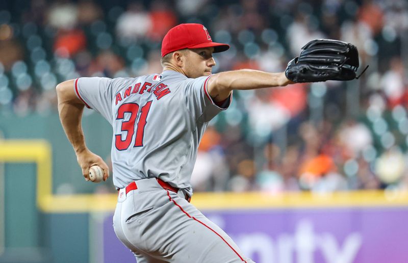 May 22, 2024; Houston, Texas, USA; Los Angeles Angels starting pitcher Tyler Anderson (31) delivers a pitch during the fifth inning against the Houston Astros at Minute Maid Park. Mandatory Credit: Troy Taormina-USA TODAY Sports