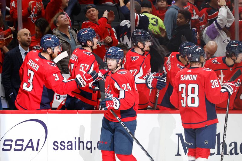 Oct 16, 2023; Washington, District of Columbia, USA; Washington Capitals center Connor McMichael (24) celebrates with teammates after scoring a goal Calgary Flames in the second period at Capital One Arena. Mandatory Credit: Geoff Burke-USA TODAY Sports