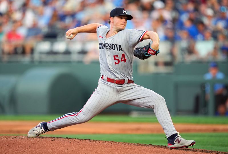 Jul 28, 2023; Kansas City, Missouri, USA; Minnesota Twins starting pitcher Sonny Gray (54) pitches during the first inning against the Kansas City Royals at Kauffman Stadium. Mandatory Credit: Jay Biggerstaff-USA TODAY Sports