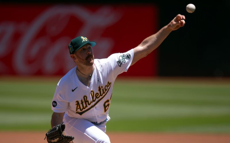 Jun 18, 2023; Oakland, California, USA; Oakland Athletics starting pitcher Hogan Harris (63) delivers a pitch against the Philadelphia Phillies during the first inning at Oakland-Alameda County Coliseum. Mandatory Credit: D. Ross Cameron-USA TODAY Sports