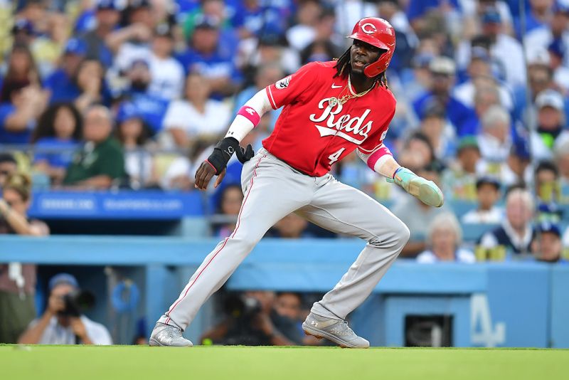 Jul 29, 2023; Los Angeles, California, USA; Cincinnati Reds shortstop Elly De La Cruz (44) leads off from third against the Los Angeles Dodgers during the sixth inning at Dodger Stadium. Mandatory Credit: Gary A. Vasquez-USA TODAY Sports