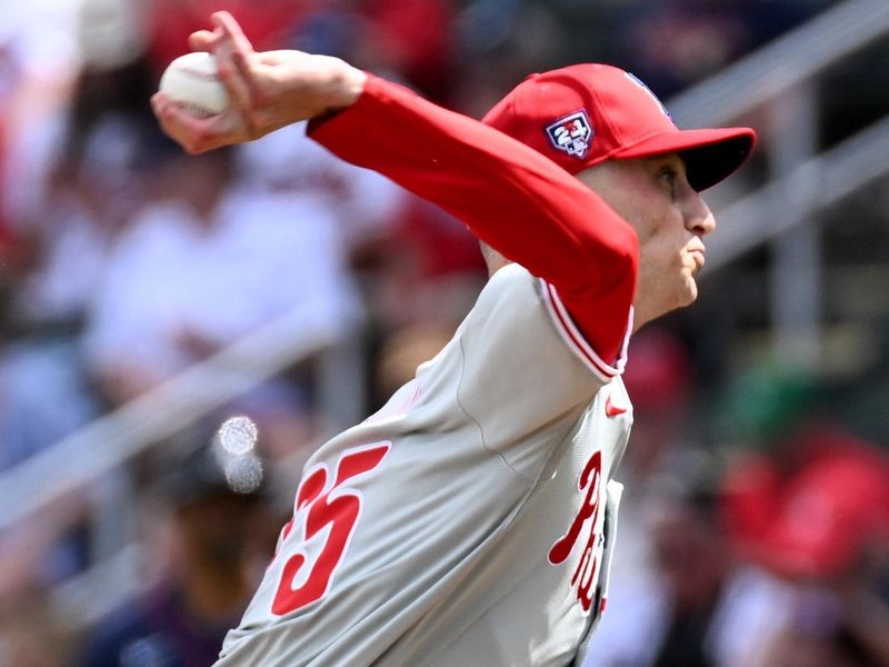 Mar 3, 2024; North Port, Florida, USA; Philadelphia Phillies pitcher Connor Brogdon (75) throws a pitch in the first inning of the spring training game against the Atlanta Braves at CoolToday Park. Mandatory Credit: Jonathan Dyer-USA TODAY Sports