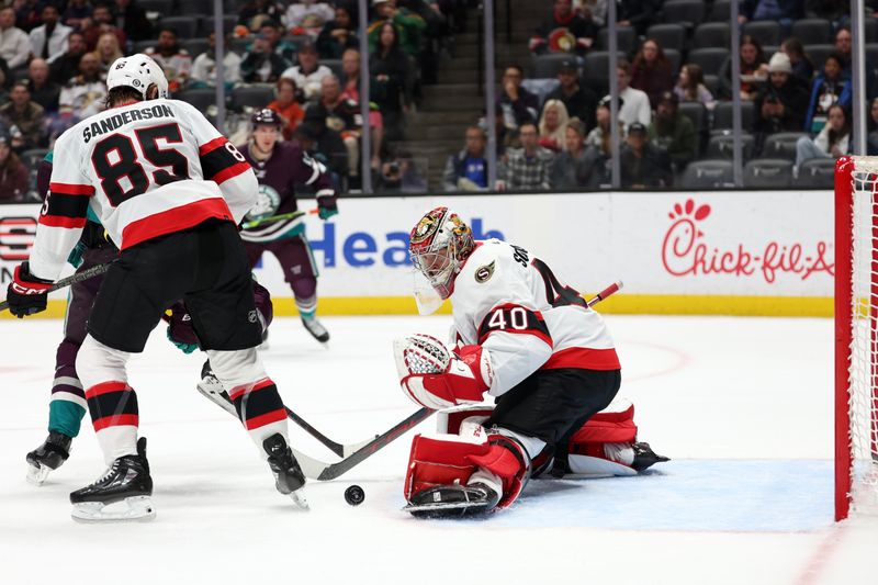 Mar 6, 2024; Anaheim, California, USA;  Ottawa Senators goaltender Mads Sogaard (40) makes a save during the second period against the Anaheim Ducks at Honda Center. Mandatory Credit: Kiyoshi Mio-USA TODAY Sports