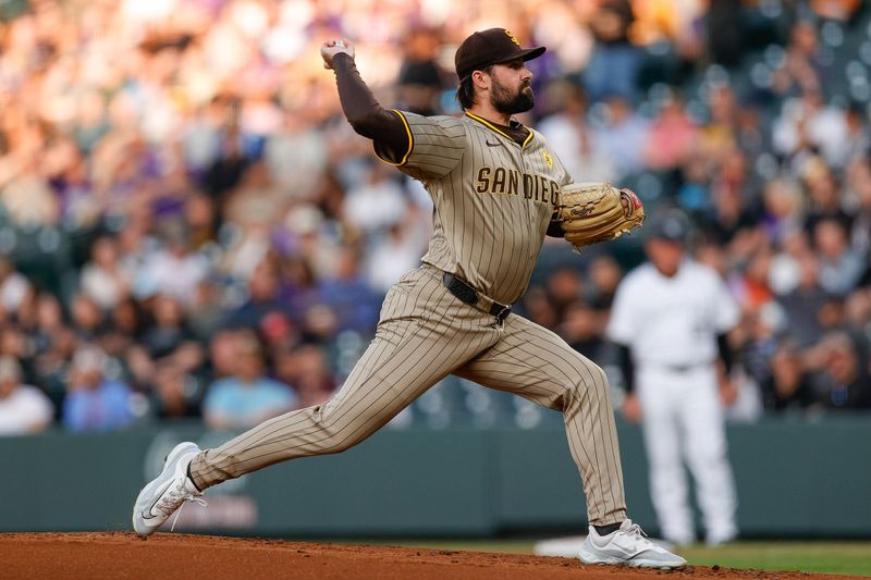 Apr 24, 2024; Denver, Colorado, USA; San Diego Padres starting pitcher Matt Waldron (61) pitches in the first inning against the Colorado Rockies at Coors Field. Mandatory Credit: Isaiah J. Downing-USA TODAY Sports