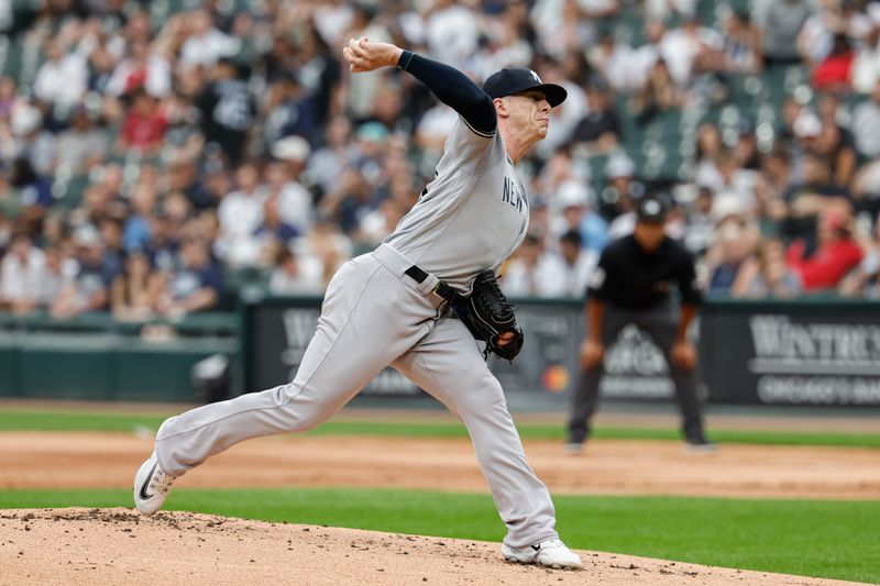 Aug 9, 2023; Chicago, Illinois, USA; New York Yankees starting pitcher Ian Hamilton (71) delivers a pitch against the Chicago White Sox during the first inning at Guaranteed Rate Field. Mandatory Credit: Kamil Krzaczynski-USA TODAY Sports