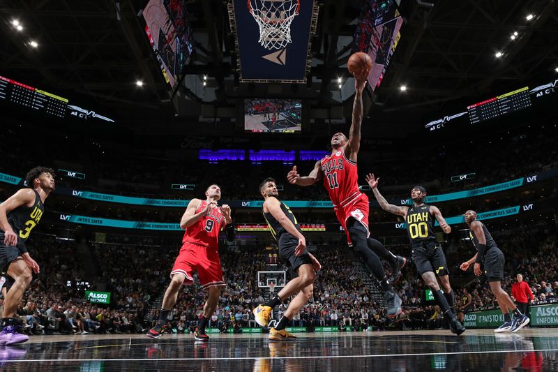 SALT LAKE CITY, UT - MARCH 6: DeMar DeRozan #11 of the Chicago Bulls shoots the ball during the game against the Utah Jazz on March 6, 2024 at Delta Center in Salt Lake City, Utah. NOTE TO USER: User expressly acknowledges and agrees that, by downloading and or using this Photograph, User is consenting to the terms and conditions of the Getty Images License Agreement. Mandatory Copyright Notice: Copyright 2024 NBAE (Photo by Melissa Majchrzak/NBAE via Getty Images)