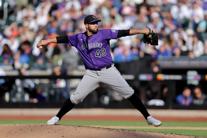 May 31, 2025; New York City, New York, USA; Colorado Rockies starting pitcher Antonio Senzatela (49) pitches against the New York Mets during the fourth inning at Citi Field. Mandatory Credit: Brad Penner-Imagn Images