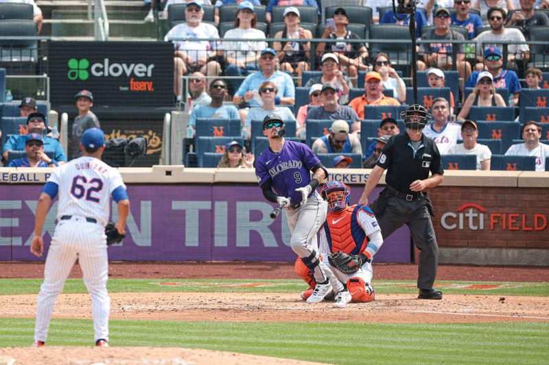 Jul 14, 2024; New York City, New York, USA; Colorado Rockies center fielder Brenton Doyle (9) hits a solo home run during the sixth inning against New York Mets starting pitcher Jose Quintana (62) at Citi Field. Mandatory Credit: Vincent Carchietta-USA TODAY Sports