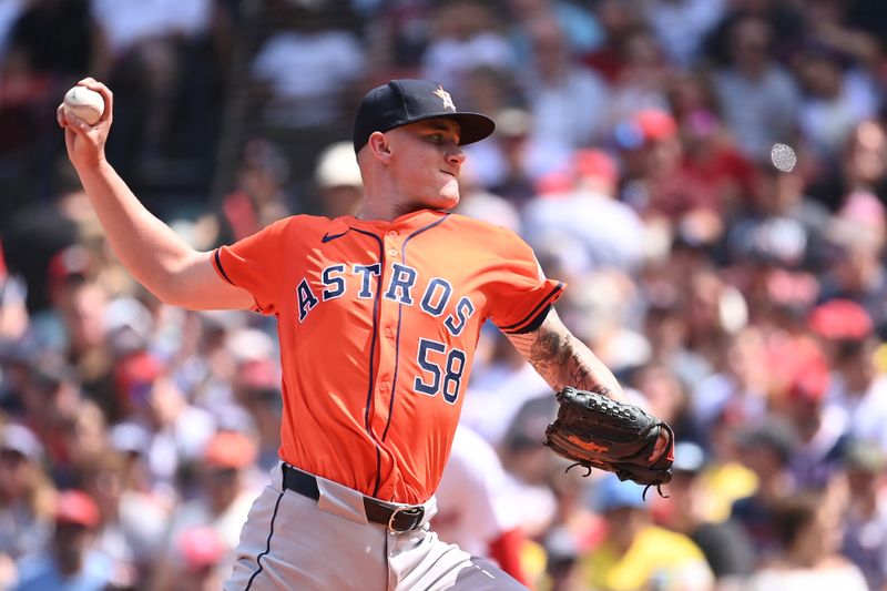 Aug 11, 2024; Boston, Massachusetts, USA; Houston Astros starting pitcher Hunter Brown (58) pitches against the Boston Red Sox during the second inning at Fenway Park. Mandatory Credit: Eric Canha-USA TODAY Sports