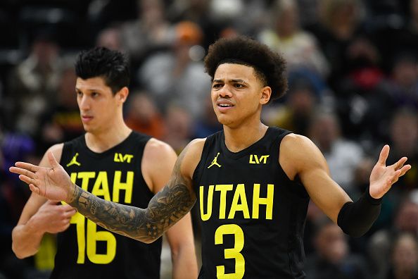 SALT LAKE CITY, UTAH - JANUARY 01: Keyonte George #3 of the Utah Jazz reacts during the first half of a game against the Dallas Mavericks at Delta Center on January 01, 2024 in Salt Lake City, Utah. NOTE TO USER: User expressly acknowledges and agrees that, by downloading and or using this photograph, User is consenting to the terms and conditions of the Getty Images License Agreement. (Photo by Alex Goodlett/Getty Images)