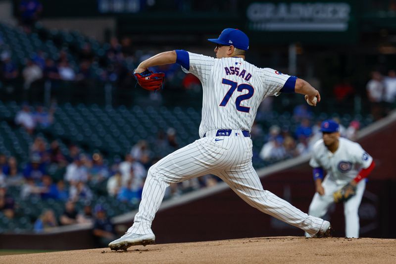 Sep 19, 2024; Chicago, Illinois, USA; Chicago Cubs starting pitcher Javier Assad (72) delivers a pitch against the Washington Nationals during the first inning at Wrigley Field. Mandatory Credit: Kamil Krzaczynski-Imagn Images