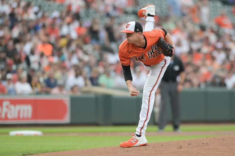 Jul 15, 2023; Baltimore, Maryland, USA;  Baltimore Orioles starting pitcher Kyle Gibson (48) throws a first inning pitch against the Miami Marlins at Oriole Park at Camden Yards. Mandatory Credit: Tommy Gilligan-USA TODAY Sports