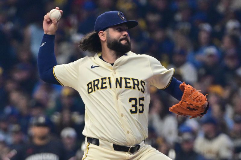 Apr 2, 2024; Milwaukee, Wisconsin, USA;  Milwaukee Brewers pitcher Jake Junis (35) throws a pitch in the first inning against the Minnesota Twins at American Family Field. Mandatory Credit: Benny Sieu-USA TODAY Sports