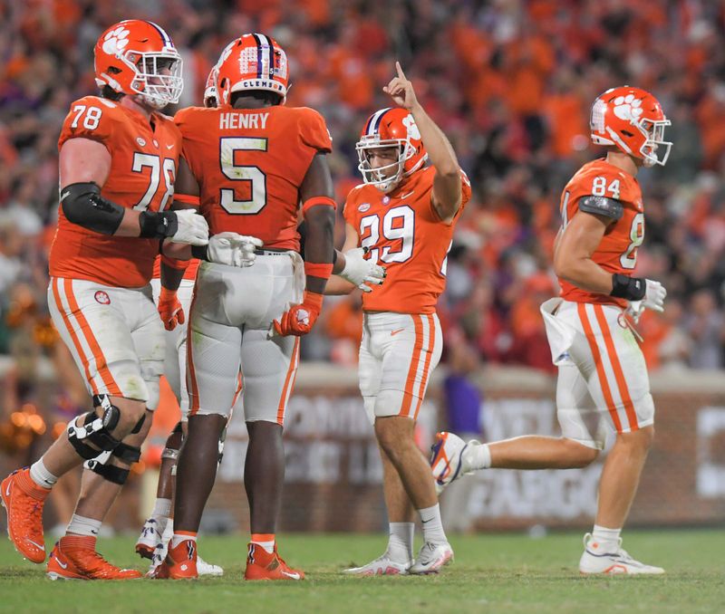 Oct 1, 2022; Clemson, South Carolina, USA; Clemson Tigers kicker B.T. Potter (29) reacts after making a field goal against the North Carolina State Wolfpack during the fourth quarter at Memorial Stadium. Mandatory Credit: Ken Ruinard-USA TODAY Sports