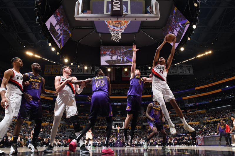 LOS ANGELES, CA - JANUARY 2: Kris Murray #24 of the Portland Trail Blazers drives to the basket during the game against the Los Angeles Lakers on January 2, 2025 at Crypto.Com Arena in Los Angeles, California. NOTE TO USER: User expressly acknowledges and agrees that, by downloading and/or using this Photograph, user is consenting to the terms and conditions of the Getty Images License Agreement. Mandatory Copyright Notice: Copyright 2025 NBAE (Photo by Adam Pantozzi/NBAE via Getty Images)