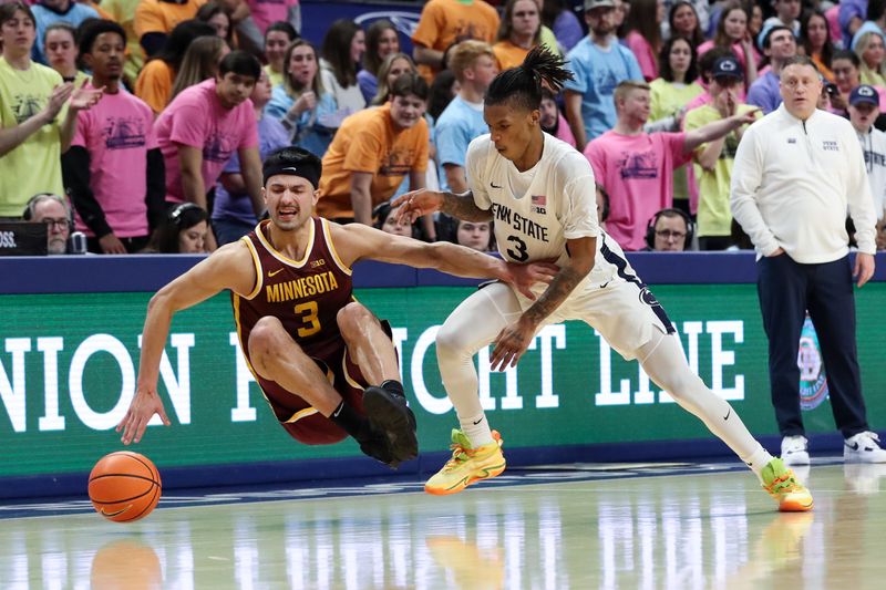 Jan 27, 2024; University Park, Pennsylvania, USA; Minnesota Golden Gophers forward Dawson Garcia (3) loses control of the ball as Penn State Nittany Lions guard Nick Kern Jr (3) defends during the first half at Bryce Jordan Center. Mandatory Credit: Matthew O'Haren-USA TODAY Sports