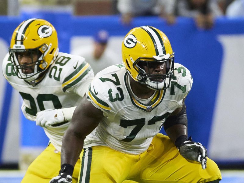 Green Bay Packers offensive tackle Yosh Nijman (73) blocks against the Detroit Lions during an NFL football game, Sunday, Nov. 6, 2022, in Detroit. (AP Photo/Rick Osentoski)