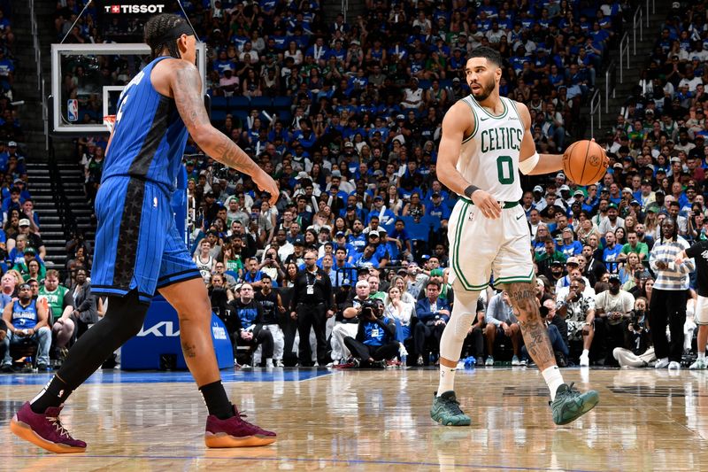 ORLANDO, FL - APRIL 27:  Jayson Tatum #0 of the Boston Celtics dribbles the ball during the game against the Orlando Magic  during Round 1 Game 4 of the 2025 NBA Playoffs on April 27, 2025 at Kia Center in Orlando, Florida. NOTE TO USER: User expressly acknowledges and agrees that, by downloading and or using this photograph, User is consenting to the terms and conditions of the Getty Images License Agreement. Mandatory Copyright Notice: Copyright 2025 NBAE (Photo by Fernando Medina/NBAE via Getty Images)