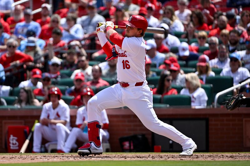 Apr 24, 2024; St. Louis, Missouri, USA;  St. Louis Cardinals second baseman Nolan Gorman (16) hits a one run single against the Arizona Diamondbacks during the seventh inning at Busch Stadium. Mandatory Credit: Jeff Curry-USA TODAY Sports