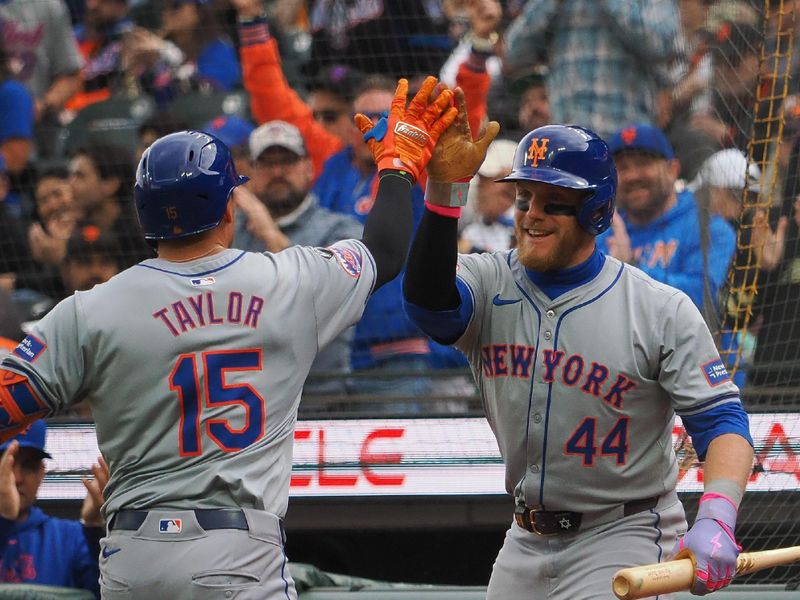 Apr 24, 2024; San Francisco, California, USA; New York Mets right fielder Tyrone Tyler (15) high fives center fielder Harrison Bader (44) after hitting a solo home run against he San Francisco Giants during the fourth inning at Oracle Park. Mandatory Credit: Kelley L Cox-USA TODAY Sports