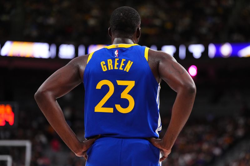 LAS VEGAS, NV - OCTOBER 15: Draymond Green #23 of the Golden State Warriors looks on during the game against the Los Angeles Lakers during the 2024 NBA Preseason on October 15, 2024 at T-Mobile Arena in Las Vegas, Nevada. NOTE TO USER: User expressly acknowledges and agrees that, by downloading and or using this photograph, User is consenting to the terms and conditions of the Getty Images License Agreement. Mandatory Copyright Notice: Copyright 2024 NBAE  (Photo by Jeff Bottari/NBAE via Getty Images)