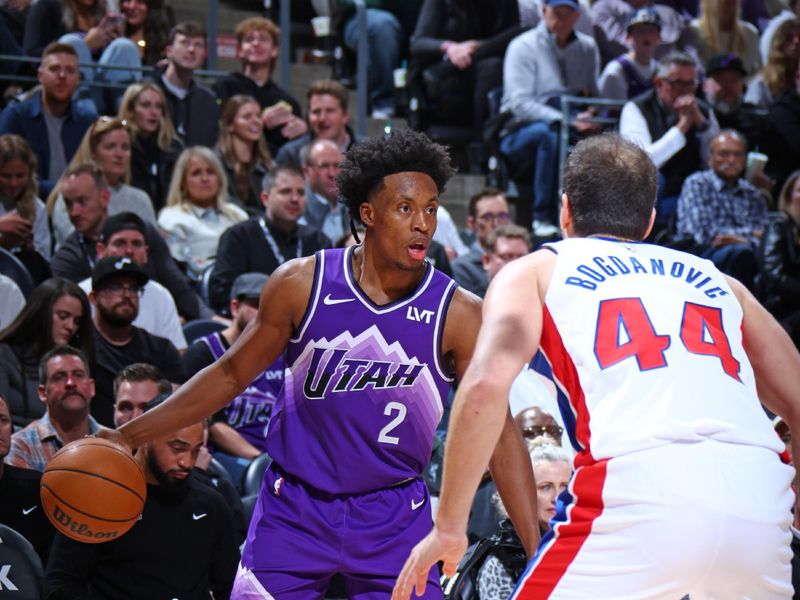 SALT LAKE CITY, UT - JANUARY 1: Colin Sexton #2 of the Utah Jazz dribbles the ball during the game against the Detroit Pistons on January 1, 2024 at vivint.SmartHome Arena in Salt Lake City, Utah. NOTE TO USER: User expressly acknowledges and agrees that, by downloading and or using this Photograph, User is consenting to the terms and conditions of the Getty Images License Agreement. Mandatory Copyright Notice: Copyright 2023 NBAE (Photo by Melissa Majchrzak/NBAE via Getty Images)