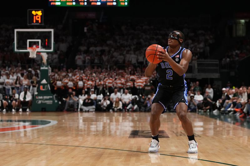 Feb 6, 2023; Coral Gables, Florida, USA; Duke Blue Devils guard Jaylen Blakes (2) attempts a three point shot against the Miami Hurricanes during the first half at Watsco Center. Mandatory Credit: Jasen Vinlove-USA TODAY Sports