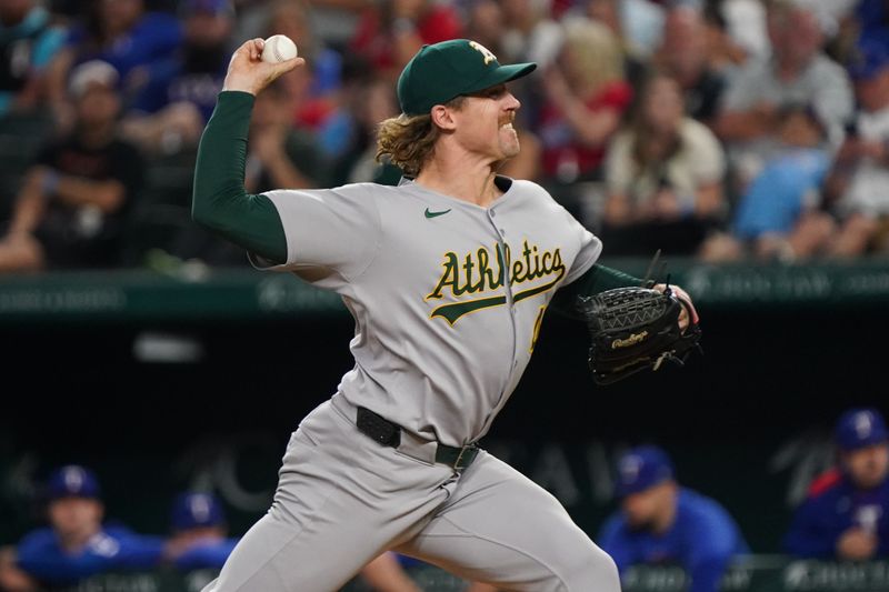 Apr 28, 2025; Arlington, Texas, USA; Athletics pitcher Tyler Ferguson (44) throws to the plate during the eighth inning against the Texas Rangers at Globe Life Field. Mandatory Credit: Raymond Carlin III-Imagn Images