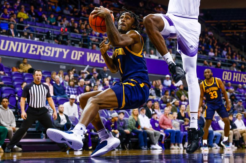 Jan 14, 2023; Seattle, Washington, USA; California Golden Bears guard Joel Brown (1) fakes a layup attempt against the Washington Huskies during the second half at Alaska Airlines Arena at Hec Edmundson Pavilion. Mandatory Credit: Joe Nicholson-USA TODAY Sports