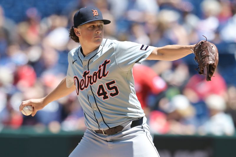 May 8, 2024; Cleveland, Ohio, USA; Detroit Tigers starting pitcher Reese Olson (45) throws a pitch during the first inning against the Cleveland Guardians at Progressive Field. Mandatory Credit: Ken Blaze-USA TODAY Sports