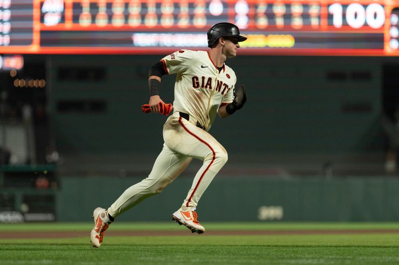 Sep 4, 2024; San Francisco, California, USA;  San Francisco Giants shortstop Tyler Fitzgerald (49) runs towards home plate during the ninth inning against the Arizona Diamondbacks at Oracle Park. Mandatory Credit: Stan Szeto-Imagn Images