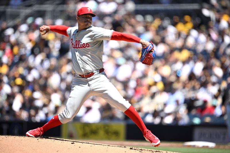 Apr 28, 2024; San Diego, California, USA; Philadelphia Phillies starting pitcher Taijuan Walker (99) throws a pitch against the San Diego Padres during the first inning at Petco Park. Mandatory Credit: Orlando Ramirez-USA TODAY Sports