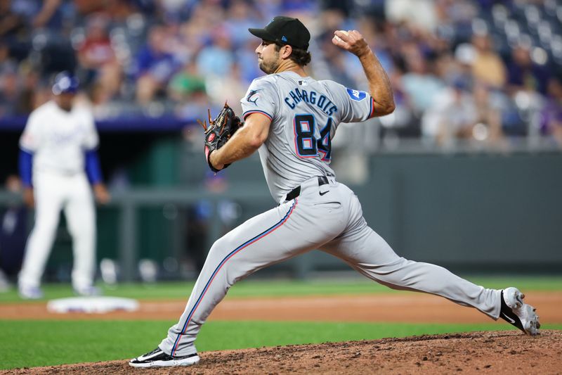 Jun 24, 2024; Kansas City, Missouri, USA; Miami Marlins pitcher JT Chargois (84) throws during the eighth inning against the Kansas City Royals at Kauffman Stadium. Mandatory Credit: William Purnell-USA TODAY Sports