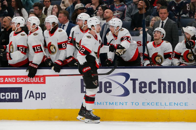 Apr 8, 2025; Columbus, Ohio, USA; Ottawa Senators defenseman Thomas Chabot (72) celebrates his goal against the Columbus Blue Jackets during the third period at Nationwide Arena. Mandatory Credit: Russell LaBounty-Imagn Images