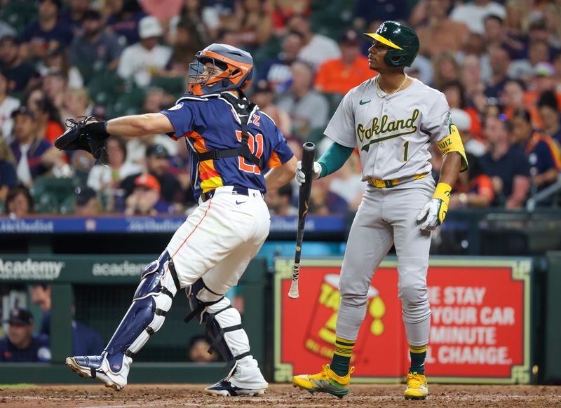 May 15, 2024; Houston, Texas, USA; Oakland Athletics center fielder Esteury Ruiz (1) reacts after striking out against Houston Astros pitcher Framber Valdez (59) (not pictured) in the sixth inning at Minute Maid Park. Mandatory Credit: Thomas Shea-USA TODAY Sports