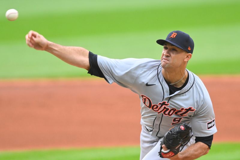 May 6, 2024; Cleveland, Ohio, USA; Detroit Tigers starting pitcher Jack Flaherty (9) delivers a pitch in the first inning against the Cleveland Guardians at Progressive Field. Mandatory Credit: David Richard-USA TODAY Sports