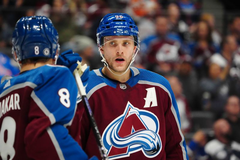 Dec 11, 2023; Denver, Colorado, USA; Colorado Avalanche right wing Mikko Rantanen (96) during the third period against the Calgary Flames at Ball Arena. Mandatory Credit: Ron Chenoy-USA TODAY Sports