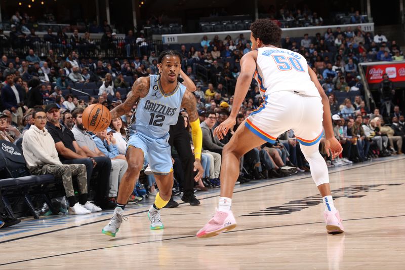 MEMPHIS, TN - DECEMBER 7: Ja Morant #12 of the Memphis Grizzlies dribbles the ball during the game against the Oklahoma City Thunder on December 7, 2022 at FedExForum in Memphis, Tennessee. NOTE TO USER: User expressly acknowledges and agrees that, by downloading and or using this photograph, User is consenting to the terms and conditions of the Getty Images License Agreement. Mandatory Copyright Notice: Copyright 2022 NBAE (Photo by Joe Murphy/NBAE via Getty Images)